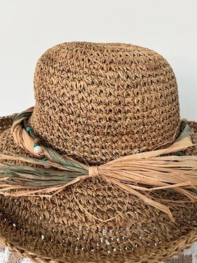 J Hats Straw Sun Hat One Size Boho Wide Brim Beaded Band Beach Hat